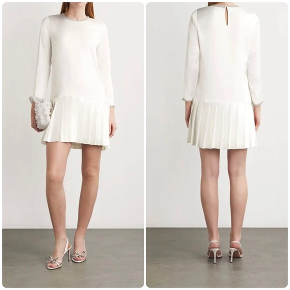 New! Sandro Beaded and Pearls Satin Pleated Mini Princesse Dress 🤍 Medium NWT! - Picture 1 of 16